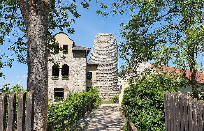 Der Eingang zur Burg Altmannstein ist mit einem Holzgeländer eingesäumt. Der weitere Weg ist mit Bäumen und Sträuchern auf beiden Seiten bepflanzt. Es ist der Turm und rechts ein Teil des Wohngebäudes zu erkennen.