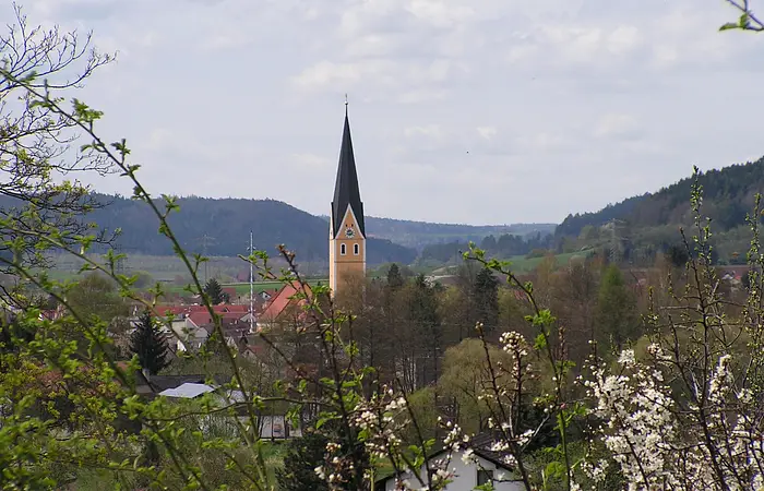 Aussicht vom Wildensteinerweg auf Dietfurt im Mittelpunkt der Kirchturm von der Pfarrkirche