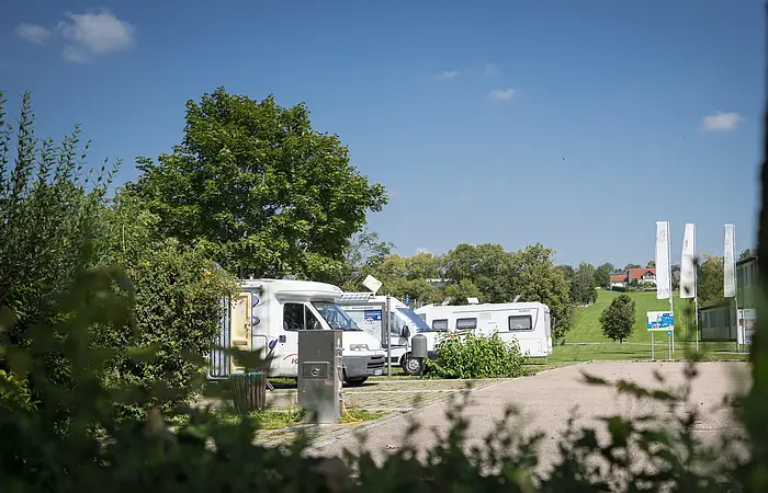 Wohnmobile parken auf einem Stellplatz, umgeben von Bäumen und Wiesen unter blauem Himmel.