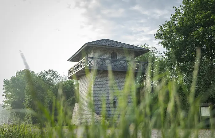 Der Limesturm ist aus weißem Stein rekonstruiert. Die Balustrade ist aus Holz und führt einmal um den ganzen Turm. Es ist unten ein kleines Fenster und oben eine Tür, die auf die Balustrade führt zu sehen. Umrahmt wird der Turm vom grünen Gras und den Bäumen im Hintergrund. Der blaue Himmel ist bewölkt.