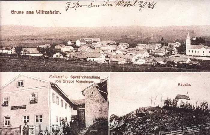 Schwarz-weiß Postkarte mit drei alten Fotos: mit einer Panorama-Aufnahme von oben von Wittesheim, Molkerei und Spezzereihandlung von Gregor Wenninger und der Kalvarienbergkapelle auf einem Hügel.