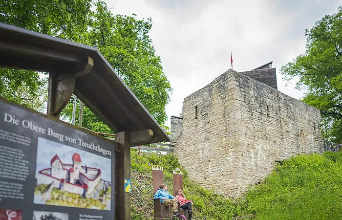 im Vordergrund groß die Schautafel zur Oberen Burg, ein junges Paar sitzt auf den Thronen mittig im Bild vor der Burgkulisse