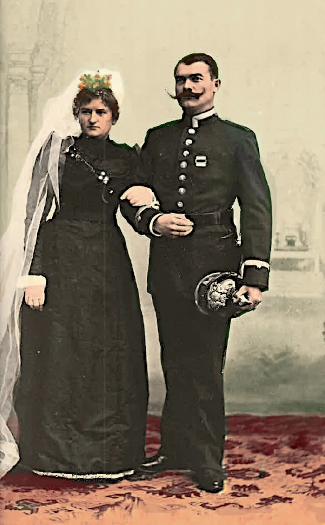 Die Eheleute Albrecht (senior) Ehemalige Eigentümer des Kiperlerhofes. Coloriertes Foto. Das Original ist Schwarz-weiss.