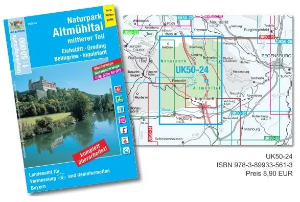Umgebungskarte Naturpark Altmühltal Die Vorderseite der topografischen Karte "mittlerer Teil" mit dem Maßstab 1: 50.000 enthält den Abschnitt Beilngries - Greding und Beilngries - Ingolstadt. Die Willibaldsburg ist zu sehen. Zudem der Ausschnitt der im Innenteil zu sehen ist.