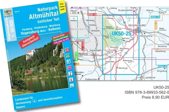 Umgebungskarte Naturpark Altmühltal Die Vorderseite der topografischen Karte "östlicher Teil" mit dem Maßstab 1: 50.000 enthält den Abschnitt Regensburg - Kelheim und Parsberg - Mainburg. Die Burg Prunn ist zu sehen. Zudem der Ausschnitt der im Innenteil zu sehen ist.