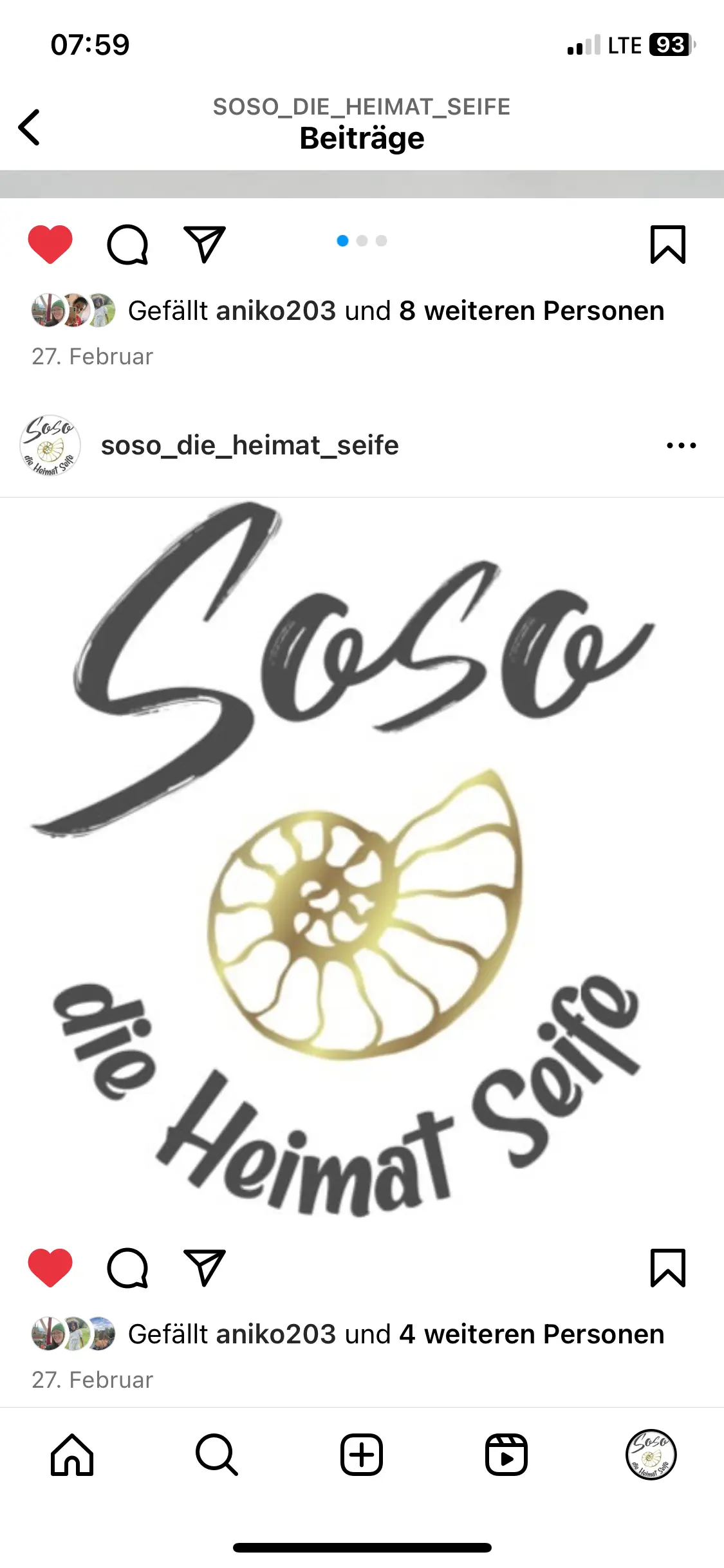 Soso_die Heimatseife_Szabo Screenshot von Facebookseite: Text in schwarzer Schrift Soso steht über einer braunen Ammoniten Abbildung, darunter im Halbkreis Text "die Heimat Seife". Darunter die Like-Zeichen und Gefällt mir Zeichen.