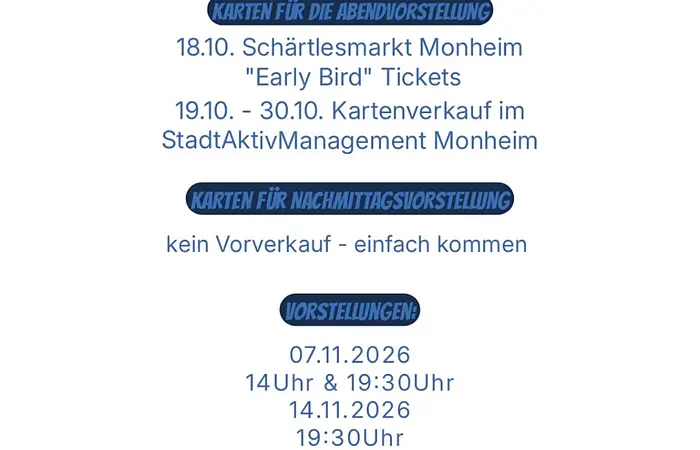 Informationen zum Kartenverkauf und Vorstellungstermine zum Kolping-Theater im November 2026 in Monheim.