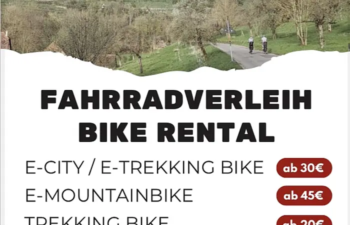 Plakat mit Daten wie Name, Angebote, Telefonnummer, Adresse der Firma Fahrradverleih Rothenburg o. d. Tauber