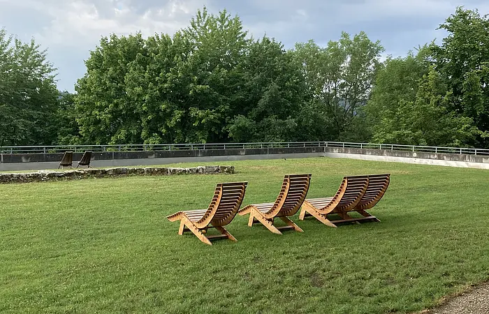 Vier hölzerne Liegestühle auf einer grünen Wiese vor Bäumen und bewölktem Himmel.