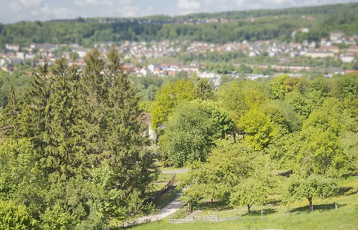 Luftaufnahme der villa rustica und im Hintergrund die Stadt Treuchtlingen