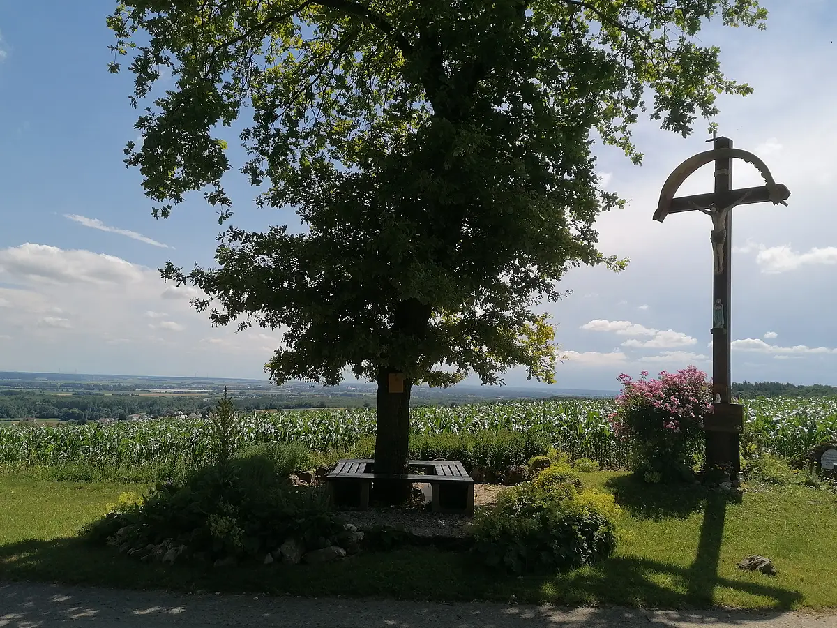 Baum mit Sitzbank und Holzkreuz mit Christusfigur auf einer Wiese vor Feld und bewölktem Himmel