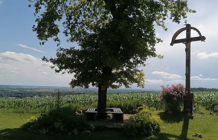 Baum mit Sitzbank und Holzkreuz mit Christusfigur auf einer Wiese vor Feld und bewölktem Himmel