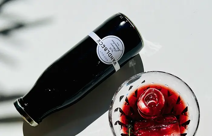 Auf einer Spiegelplatte steht ein Likörglas in dem ein roter Likör eingefüllt ist. Eine Kirsche liegt darin. Neben dem Glas liegt eine kleine Flasche mit rotem Inhalt und ein Stein mit einer Versteinerung.