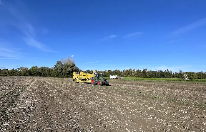Ein gepflügtes Feld in Bahnen ohne Bepflanzung. im Hintergrund ein gelber Traktor, Bäume und blauer Himmel.
