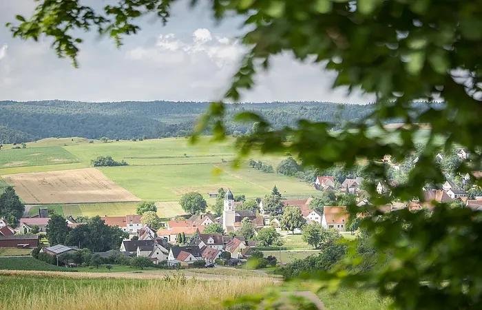 Landschaft mit Dorf, Feldern und Hügeln im Hintergrund, umrahmt von unscharfen Blättern im Vordergrund.