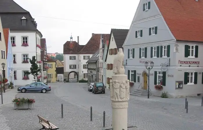 Im Vordergrund ein grauer achteckiger Brunnen aus Jura-Stein mit einer Säule und einer darauf Sitzenden Skulptur des Adlers. Brunnen ist mit Wasser befüllt auf einem gepflastertem Platz mit Häusern und parkenden Autos am Straßenrand. Blumen links unten im Bild im Vordergrund.