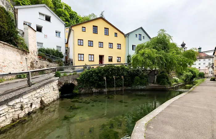 In der oberen Hälfte des Bildes befindet sich eine Häuserreihe mit verschiedenfarbigen Gebäuden. Unterhalb fließt Wasser aus einer Öffnung in einer Mauer, das sich in einem großen Becken sammelt. Dieses ist von einer Steinwand eingefasst, die von Büschen bewachsen ist. Das Becken mündet auf der rechten Bildseite in einen Bach.