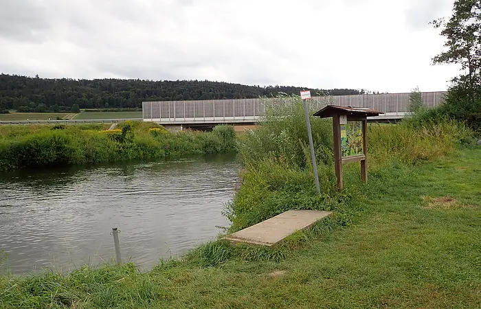 Uferbereich eines Flusses mit Infotafel, Gras und Büschen, im Hintergrund eine Lärmschutzwand und Wald.
