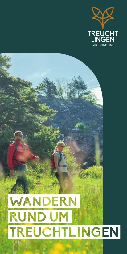 Wandern rund um Treuchtlingen Ein Wanderpärchen im Grünen und das Logo von Treuchtlingen ist auf der Wanderkarte zu sehen.