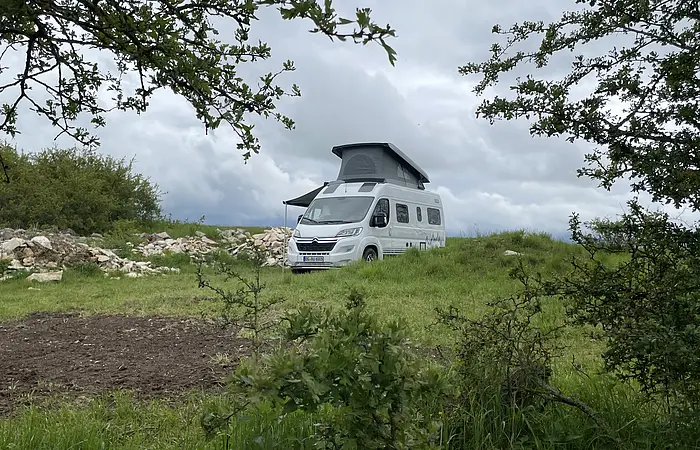 Ein Wohnmobil mit ausgefahrenem Dach steht auf einer Wiese, umgeben von Bäumen und Steinen.