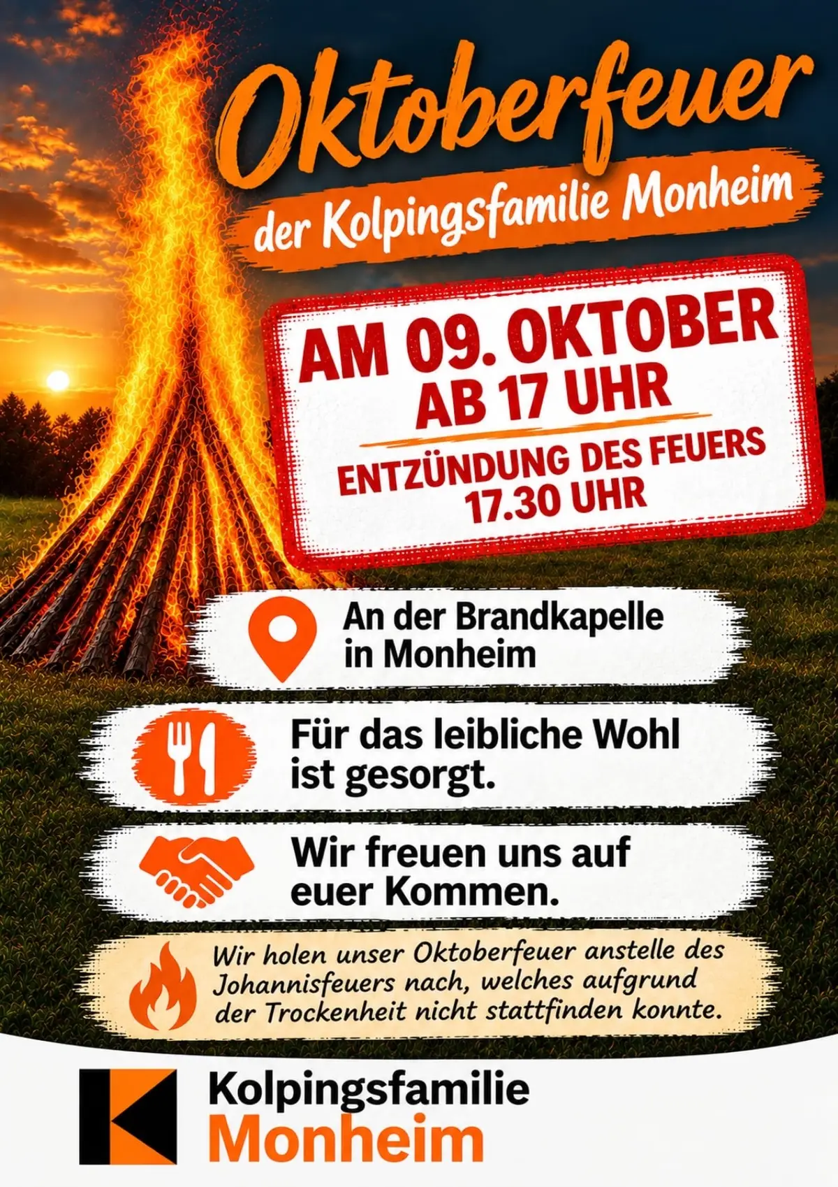 Kolping Oktoberfeuer 09.10.2026 Oktoberfeuer der Kolpingsfamilie Monheim am 09. Oktober ab 17 Uhr an der Brandkapelle in Monheim. Auf dem Plakat das Kolpinglogo, ein großes Feuer und die Einladung zum Oktobefeuer