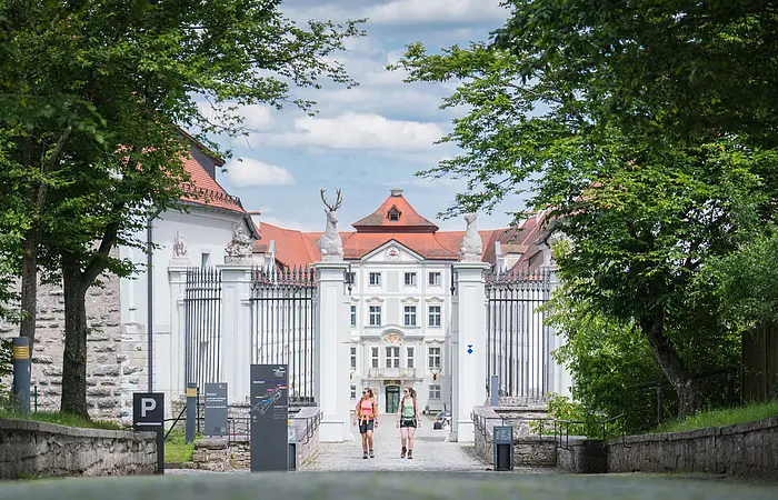 Eingangstor eines historischen Gebäudes mit Statuen und Bäumen im Vordergrund.