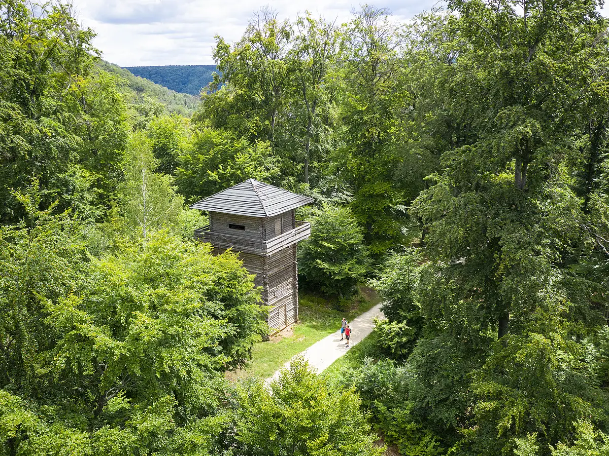 Holzturm neben Wanderweg in dicht bewaldeter Landschaft mit zwei Personen auf dem Weg