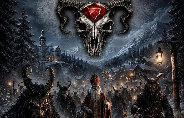 Winterliches Bild mit Perchten, Nikolaus und sonstigen wilden Gesellen ... dazu die Logos von den Gruppen Höllenfürsten Oberpfalz und Beilngrieser Hirscherer Pass