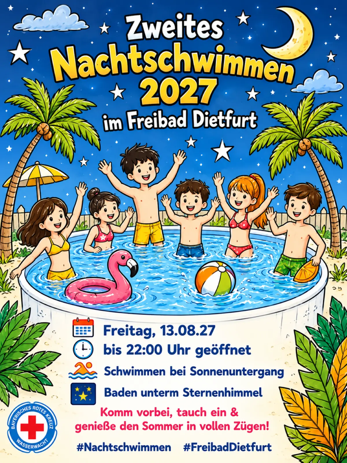 Nachtschwimmen im 7-Täler Panoramabad Dietfurt · KI-generiert Plakat für Nachtschwimmen in Dietfurt
Kinder im Becken