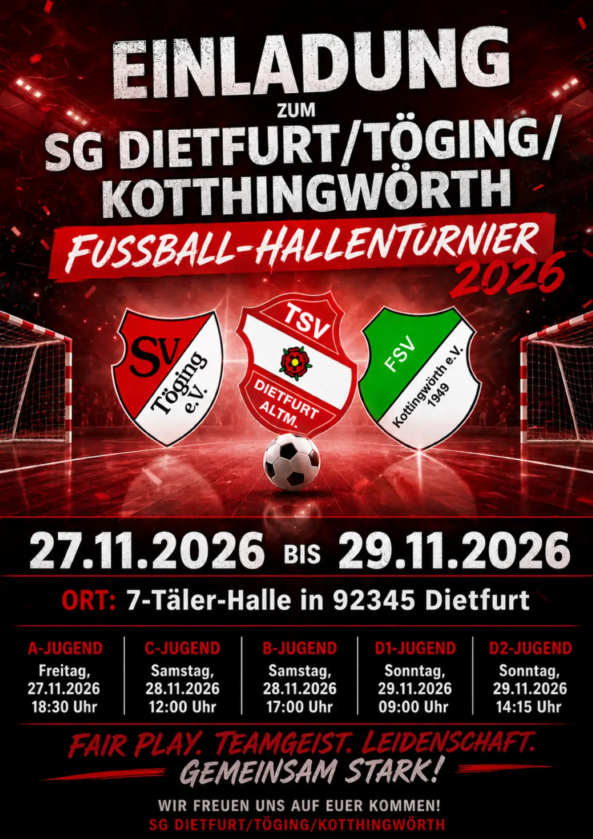 Plakat SG Dietfurt Hallenturnier 2027 · KI-generiert Bewirbt die Veranstaltung Hallenfußballturnier
