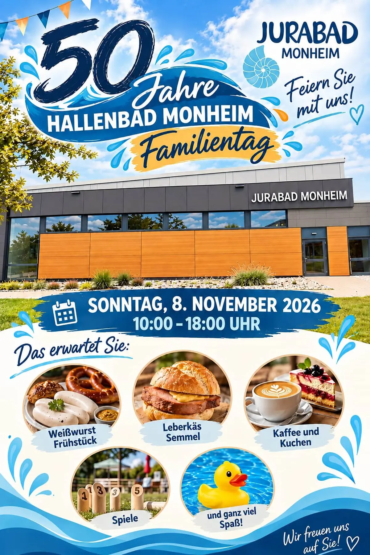 Gebäude von Jurabad Monheim mit Werbung für 50 Jahre Hallenbad Monheim Familientag am 8. November 2026.