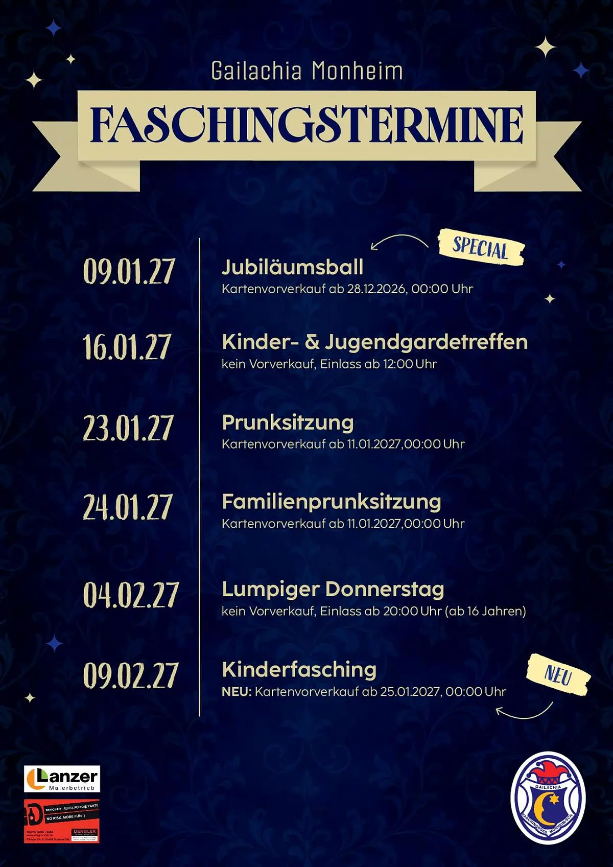 FG Gailachia Faschingstermine 2026-2027 Termine für Faschingsveranstaltungen der FG Gailachia Monheim von Januar bis Februar 2027 mit Angaben zu Vorverkauf und Einlasszeiten.